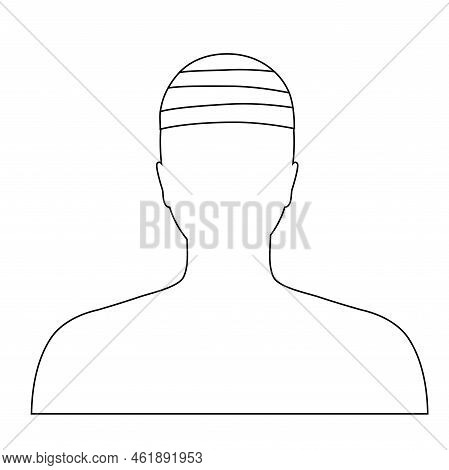 Elastic Bandage On Human Head. Concussion Or Headache. Roll And Wrap Medical Gauze Over A Skull. Bro