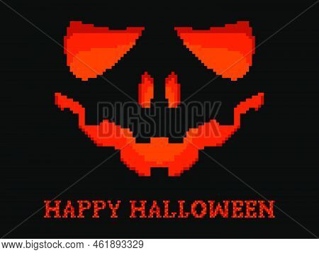Happy Halloween Scary Pumpkin Face Pixel Art Style. Evil Scary Eyes Carved In A Pumpkin. Retro 8-bit