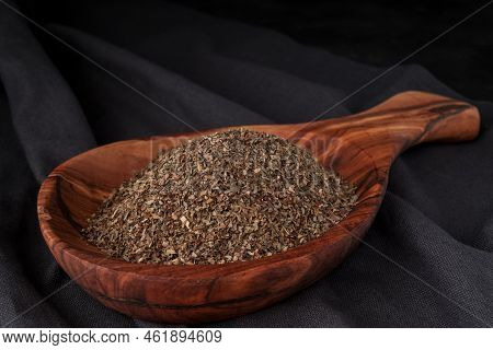 Dried Chopped Provence Herbs In A Wooden  Bowl