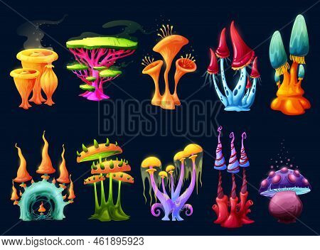 Fantasy Magic Cartoon Mushrooms, Vector Design Of Alien Forest Plants For Ui Or Gui Interface. Fairy