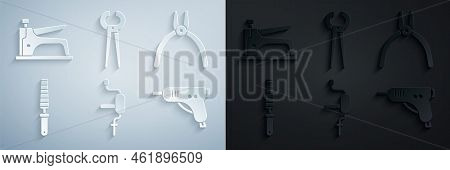 Set Hand Drill, Pliers Tool, Chisel For Wood, Electric Hot Glue Gun, Pincers Pliers And Construction