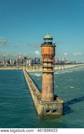 Europe, France, Dunkerque - July 9, 2022: Closeup, Feu De Saint Pol Light Tower On Its Pier At Entra