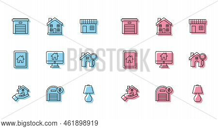 Set Line Realtor, Warehouse With Dollar Symbol, Garage, Table Lamp, Computer Monitor Smart Home, Sea