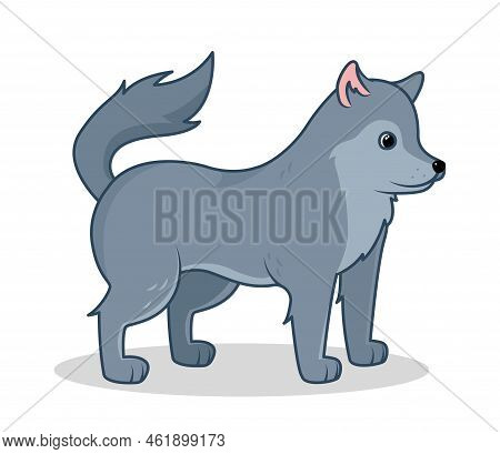 Cute Forest Animal Concept. Sticker With Funny Gray Wolf On Hunt. Mammal Or Woodland Dweller. Design