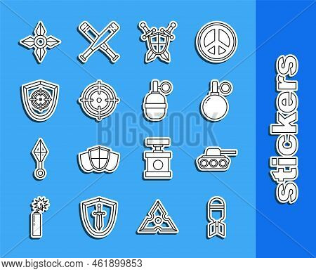 Set Line Aviation Bomb, Military Tank, Hand Grenade, Medieval Shield With Crossed Swords, Target Spo