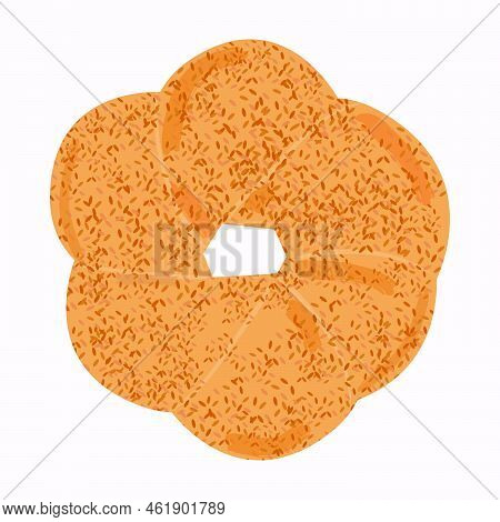 Freshly Baked Realistic Bun With Sesame Seeds. Turkish Traditional Simit. Modern Cartoon Illustratio