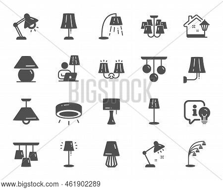 Lamps Icons. Spotlight Led, Table Lamp And Floor Light. Modern Chandelier, Electric Light Illuminate