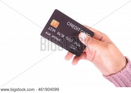 Hand Woman With Sweater Holding Credit Card On White Background, Technology Electronic For Pay Of Bu