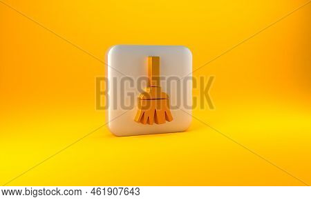 Gold Feather Broom For Cleaning Icon Isolated On Yellow Background. Feather Duster. Silver Square Bu
