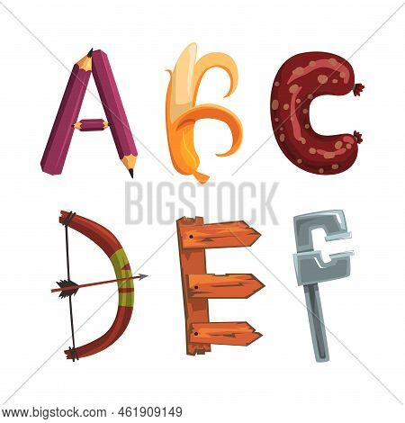 Alphabet With Various Objects. A, B, C, D, E, F Creative Cartoon Letters Made Of Sausages, Measuring