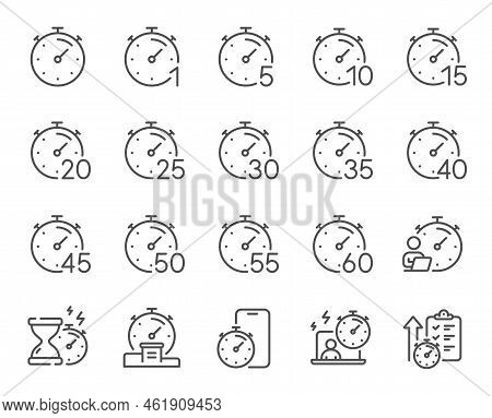 Timer Line Icons. Hourglass, Clock Time And Stopwatch. Alarm Countdown, Sport Measurement Tool And 1