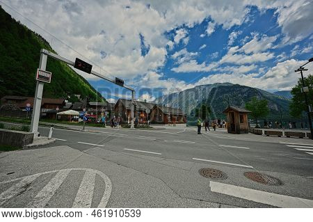 Hallstatt, Austria - May 15, 2022: Traffic Light With Traffic Controller At Hallstatt.