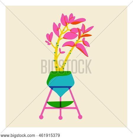 Succulent In Pot. Drawn House Plant With Leaves In The Risograph Style. Contrasting Three-color Vect