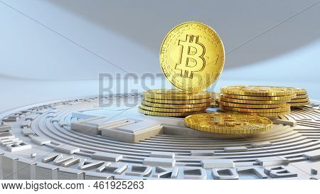 3d Render Of Conceptual Cryptocurrency Coins. Gold Coins Against Light Background.