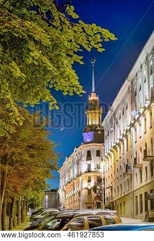 Minsk City Center During Blue Hour Time At Sunset With Scenic Night View Of Street In Minsk, Belarus