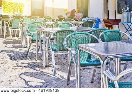 Traditional Summer Open Air Caffee Terrace In Lisbon City In Portugal At Summer Time