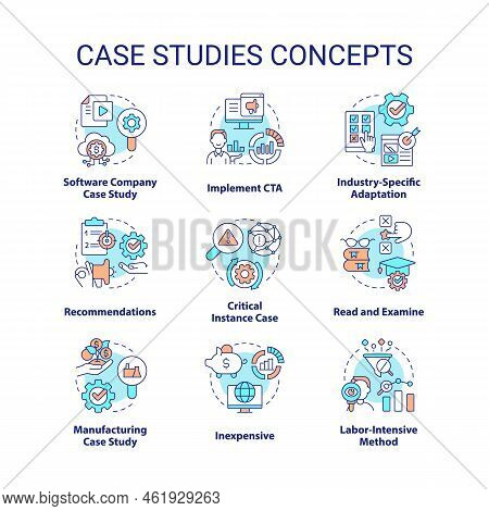 Case Studies Concept Icons Set. Examination Of Important Events. Researching Process Idea Thin Line 