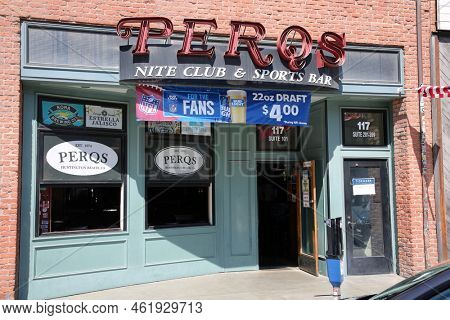 Huntington Beach, CA. - USA - September 19, 2022:  PERQS Night Club and Sports Bar in Huntington Beach California on Main Street. A world famous Huntington Beach Local Bar and Pub. 
