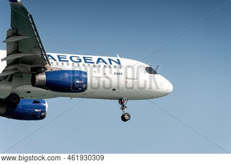 Larnaca, Cyprus - September 10, 2022: Airbus Of Aegean Airlines Landing At Glafcos Clerides Airport
