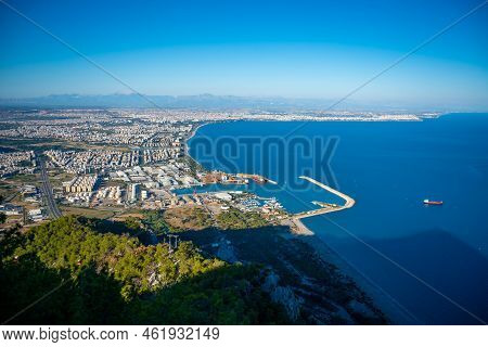 Aerial View Of Beautiful Blue Gulf And Konyaalti Beach In Popular Resort City Antalya, Turkey.