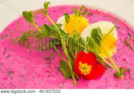Traditional Cold Lithuanian Beetroot Soup, Served With Boiled Eggs And Dill