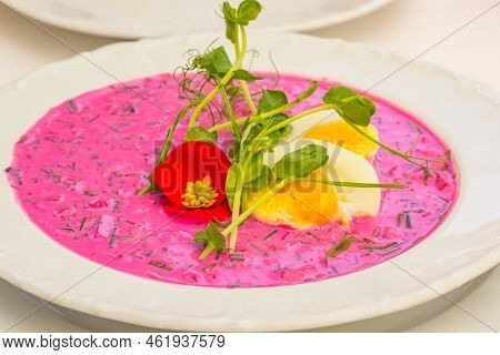 Traditional Cold Lithuanian Beetroot Soup, Served With Boiled Eggs And Dill