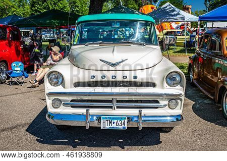 Falcon Heights, Mn - June 18, 2022: High Perspective Front View Of A 1957 Dodge D-100 Sweptside Pick