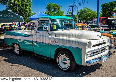 Falcon Heights, Mn - June 18, 2022: High Perspective Front Corner View Of A 1957 Dodge D-100 Sweptsi