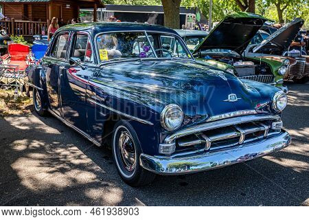 Falcon Heights, Mn - June 18, 2022: High Perspective Front Corner View Of A 1951 Plymouth Cranbrook 