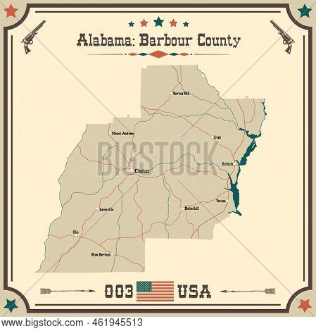 Large And Accurate Map Of Barbour County, Alabama, Usa With Vintage Colors.
