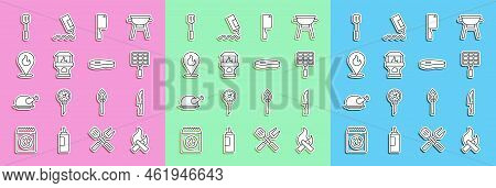 Set Line Campfire, Barbecue Knife, Steel Grid, Meat Chopper, Brick Stove, Location With Flame, Spatu