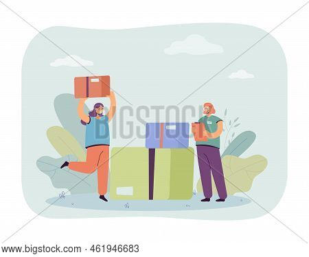 Warehouse Worker And Woman Putting Package On Stack Of Boxes. Girl Controlling Inventory Flat Vector