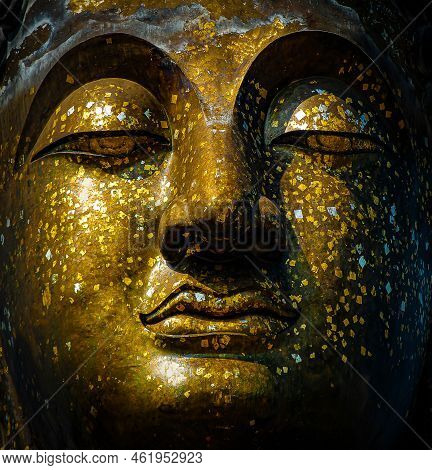 Taken Up Close, The Large Brass Face Of The Buddha, There Is Gilding All Over The Face, Morning Natu