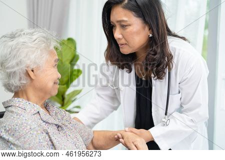 Doctor Help And Care Asian Senior Or Elderly Old Lady Woman Patient Sitting On Wheelchair At Nursing