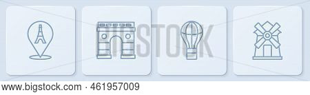Set Line Eiffel Tower, Hot Air Balloon, Triumphal Arch And Windmill. White Square Button. Vector