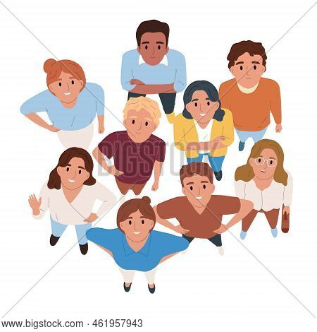 Group Of Happy Smiling People Looking Up Top View On White Background Flat Vector Illustration