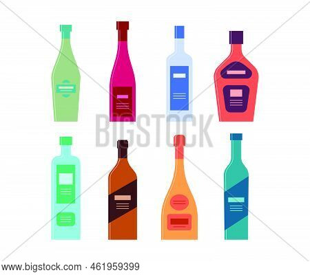 Set Bottles Of Vermouth Wine Vodka Rum Gin Balsam Champagne Schnapps. Icon Bottle With Cap And Label