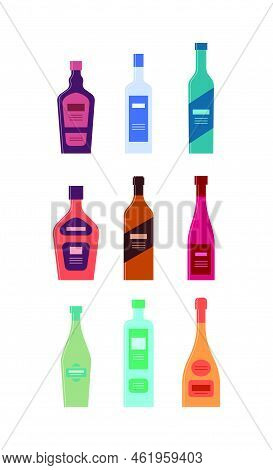 Set Bottles Of Liquor Vodka Gin Rum Whiskey Wine Vermouth Schnapps Champagne Tequila. Icon Bottle Wi