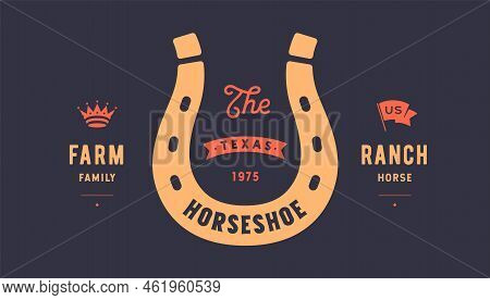 Logo Lucky Horseshoe. Text Horseshoe, Farm Ranch, Gold Horseshoe, Graphic And Lucky Symbols. Design 