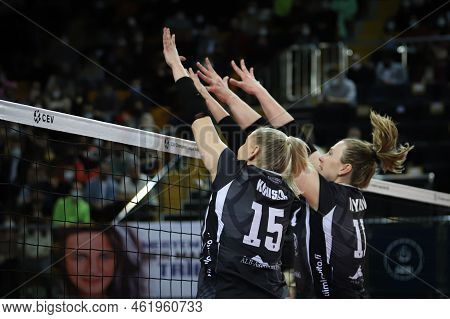 Istanbul, Turkey - January 20, 2022: Linnea Kuusela And Kaisa Nyman In Action During Vakifbank Vs Lp