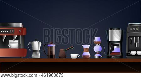 Coffee Equipment Flat Composition With Moka Pot Automatic Machine Cup Jezve French Press On Table Ag