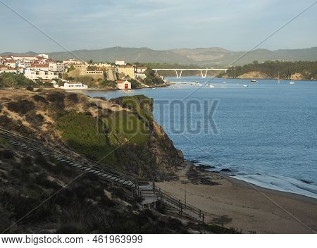 View Of Empty Sand Beach Praia Do Farol And Vila Nova De Milfontes With Mira River, Forte De Milfont