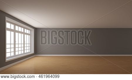 Frontal View Of The Interior With A Large Window On The Left, With A Gray Plastered Wall, White Plin