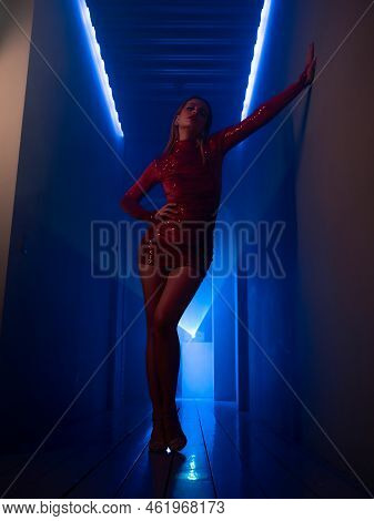 A Fashionable Photo Shoot With Tinted Blue, A Young Beautiful Model In A Scarlet Dress, In A Mysteri
