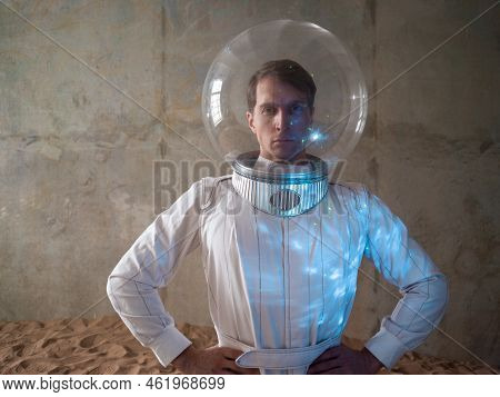 Astronaut On A Desert Planet Alone, Explorer On Distant Planet, Other Worlds And Civilizations. Youn