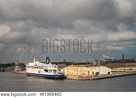 Europe, France, Dunkerque - July 9, 2022: Port Scenery. Blue-white P&o  Pride Of Burgundy Passenger 