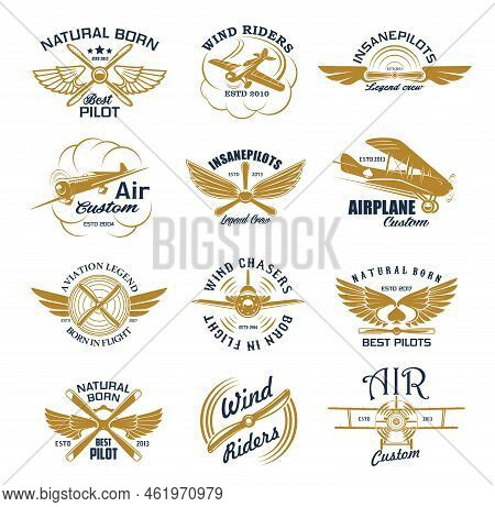 Retro Airplane And Aircraft Icons, Custom Plane Wind Riders And Legend Pilots, Vector Symbols. Aviat