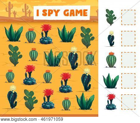 Cactuses In Mexican Desert I Spy Game Vector Worksheet. Count Education Puzzle, Riddle Or Quiz On Ca