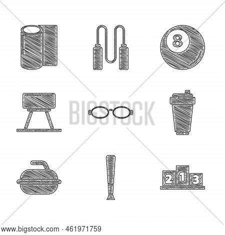 Set Glasses For Swimming, Baseball Bat, Award Over Sports Winner Podium, Fitness Shaker, Stone Curli