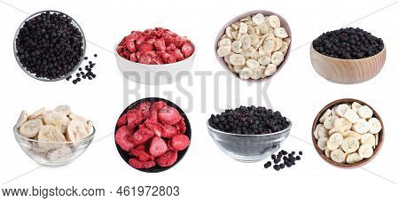 Set With Different Freeze Dried Berries And Bananas On White Background. Banner Design